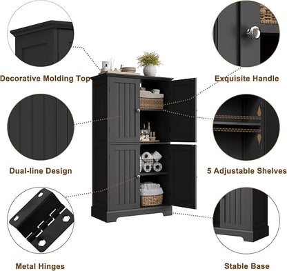 ChooChoo Bathroom Floor Cabinet, Modern Bathroom Storage Cabinet with 4 Doors and Adjustable Shelves, Freestanding Cupboard for Living Room, Kitchen Pantry, Black