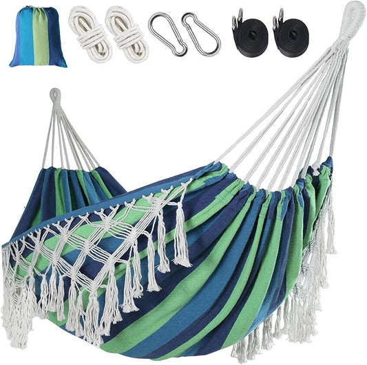 Bellzacasa Brazilian Double Camping Hammock, Portable Hammock Heavy Duty 500 lb Load Capacity Tassels and Fishtail Knitting with Carry Bag & Tree Straps for Patio Balcony Backyard, Blue Stripes