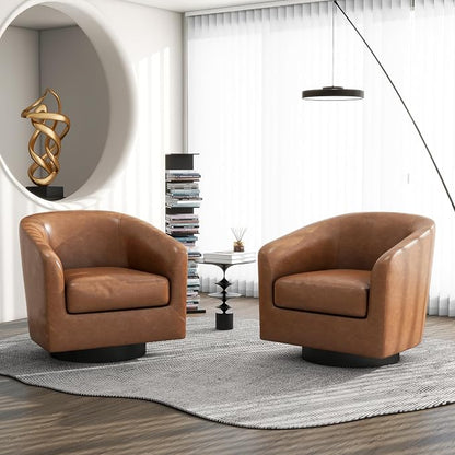 Swivel Barrel Accent Chair, Modern Round Faux Leather Arm Chair for Living Room, Bedroom, Comfy Club Reading Chairs for Adults(Faux Leather, Brown, Set of 1)