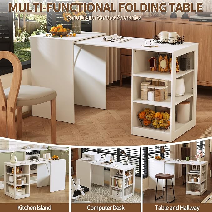 58" Office Desk with Pull Out Table on Hidden Wheels, Computer Desk with 3-Tier Open Shelves, Folding Desks for Small Spaces, as Kitchen Island, Bar(White)