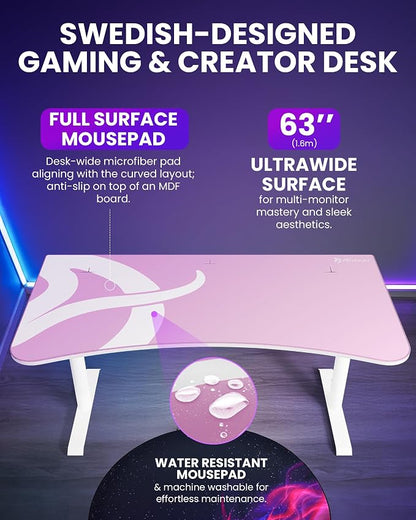 Arozzi Arena Ultrawide Curved Gaming and Office Desk with Full Surface Water Resistant Desk Mat Custom Monitor Mount Cable Management Cut Outs Under The Desk Cable Management Netting - Pink