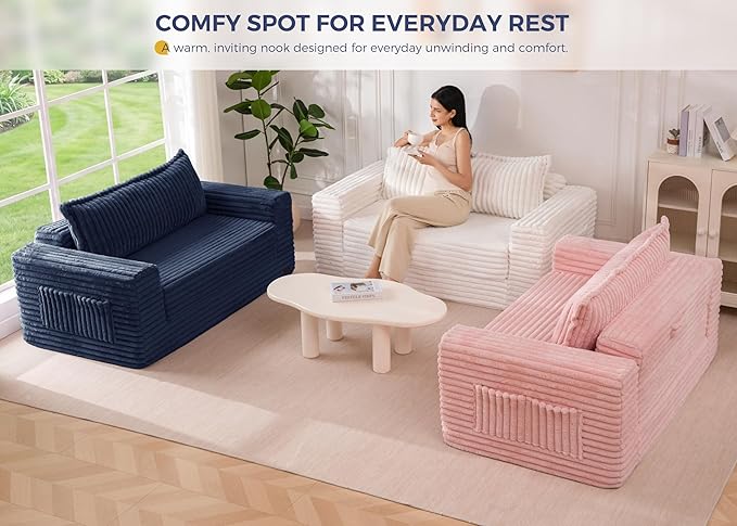 MAXYOYO Convertible Sofa Bed, 2 in 1 Folding Couch Bed for Small Space, Pull Out Loveseat Sofa Couch with Large Back Pillow, Plush Faux Fabric Lounge Couch for Living Room, Apartment, Navy