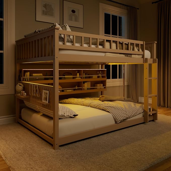 Merax Full Over Full Bunk Bed,Wood bunk Bed with LED,Bed with Integrated Shelving, Color-Changing Lights and Pegboard, Full Over Full, Beige