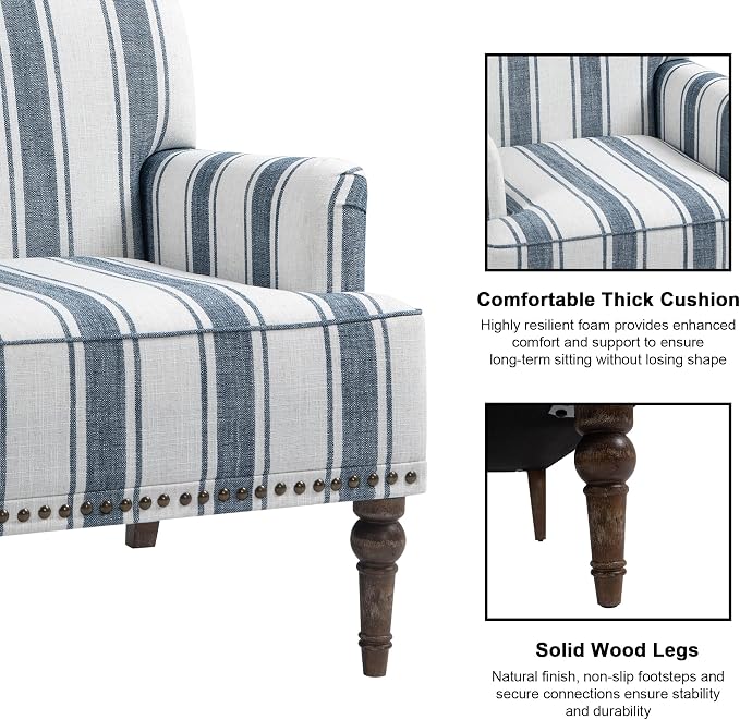 Accent Chair, Mid Century Modern Comfy Armchair for Living Room, Linen Fabric Single Sofa Lounge for Reading Bedroom Apartment Waiting Room with Wood Legs (Dark Blue Stripe, Set of 1)