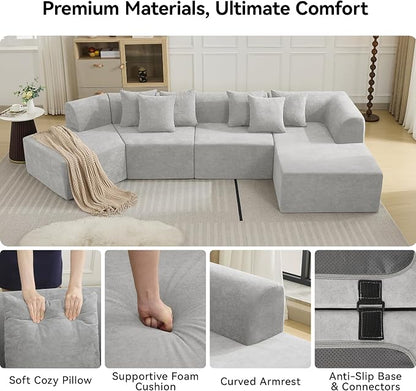 140''Oversized Cloud Velvet Curved Sectional Couch, Boneless Couch with L-Shape Chaise, Upholstered Compression Memory Foam Modular Sectional Sofa for Living Room, No Assembly Required, Grey