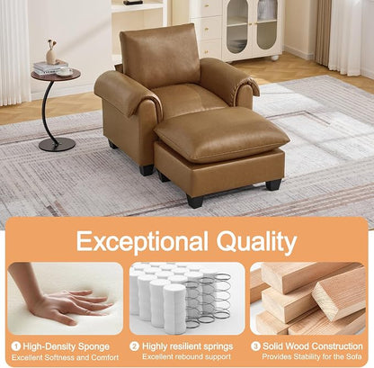 44.5" Faux Leather Single Sofa with Movable Ottoman, Oversized Accent Chair with Curved Armrests, Cloud Modern Sofa Upholstered Reading Lounge Armchair for Living Room, Bedroom，Light Brown
