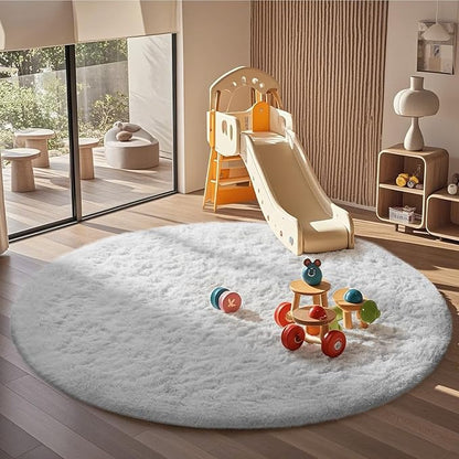 Ophanie Round Rug 6Ft White Circle Area Rug, Aesthetic Room Decor, Fluffy Fuzzy Bedroom Carpet, Plush Soft Shaggy Living Room Rugs for Kids Home, Nursery with Over 99 pcs Pile fibers