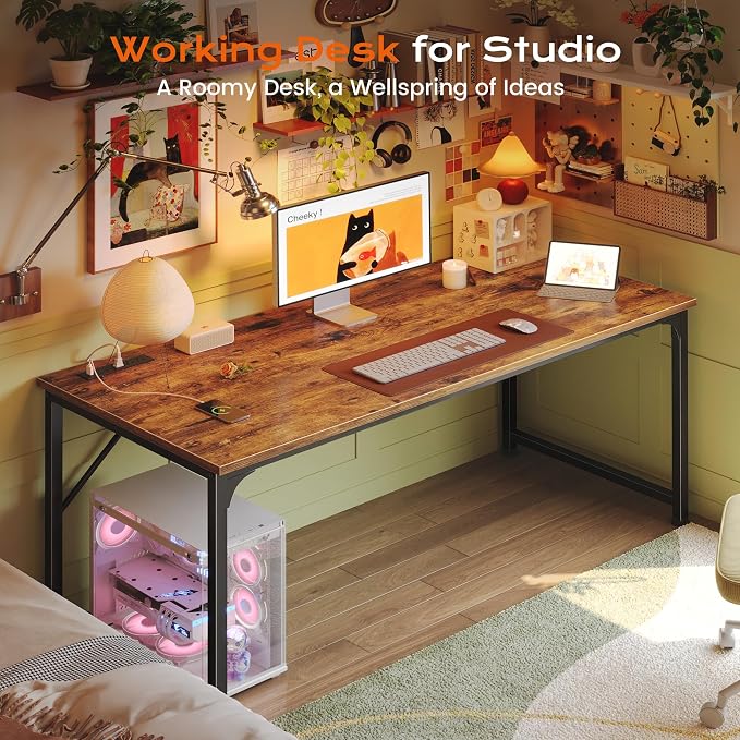 PRAISUN 54 X 24 Inch Deeper Desk with Power Outlets | Large Computer Desk for Bedroom, Office Desk for Work from Home, Writing Study Gaming Table, Stable Metal Frame, Rustic Brown