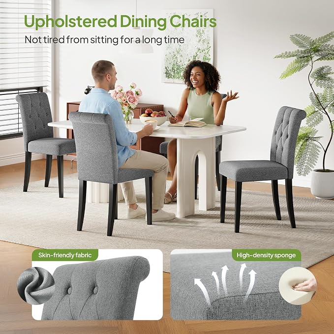 Welzona Upholstered Dining Chairs Set of 2, Button Tufted Parsons Dining Chair with Solid Wood Legs, Modern Fabric Side Chair for Dining Room/Kitchen/Restaurant/Hotel- Grey