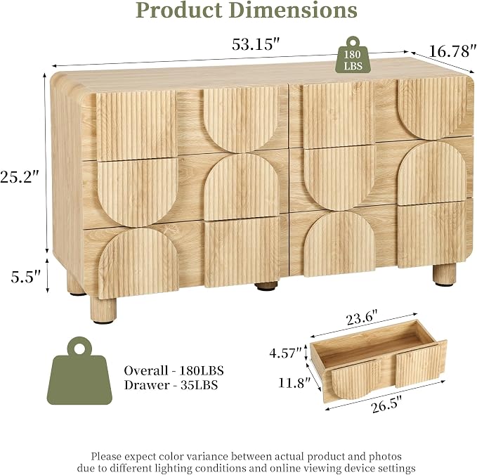 Fluted Dresser for Bedroom with 6 Drawers, 54" Wide Mid Century Modern Chest of Drawers , Wooden Curved Dresser TV Stand, Wood Closet Clothes Storage Organizer for Living Room, Hallway, Natural
