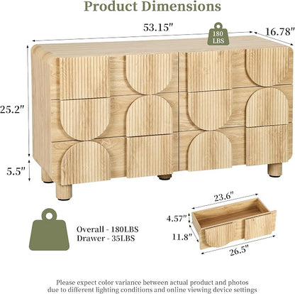 Fluted Dresser for Bedroom with 6 Drawers, 54" Wide Mid Century Modern Chest of Drawers , Wooden Curved Dresser TV Stand, Wood Closet Clothes Storage Organizer for Living Room, Hallway, Natural