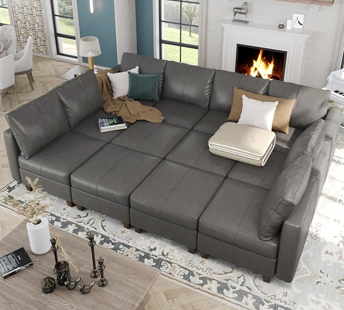 EASE MOOSE Oversized Modular Sectional Sleeper Sofa with Storage, Faux Leather sectional Sofa Large Modular Sofa Couch Sleeper for Living Room,Grey