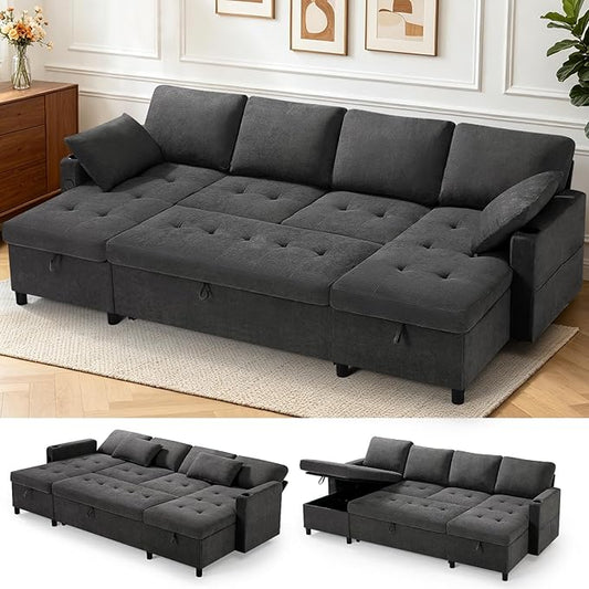 110" U-Shaped Pull Out Sofa Bed w/Adjustable Backrests, Grey | Sectional Sleeper Couch w/Convenient USB Ports & Storage Chaise, Upholstered Sofa Bed w/Cup Holders for Living Room, House