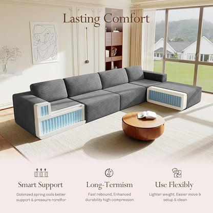 Vesgantti 159" Large Modular Sectional Sofa, L-Shaped Corduroy Cloud Couch with Deep Seats & Spring Support, 4-Seater Boneless Sofa with Movable Ottoman, No Assembly Needed, Grey