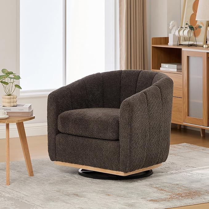 Swivel Barrel Chair, 360 Degree Round Swivel Accent Chair for Living Room, Mid Century Modern Upholstered Accent Chair,Comfy Tufted Sofa Armchairs for Bedroom,Nursery,Boucle,Charcoal