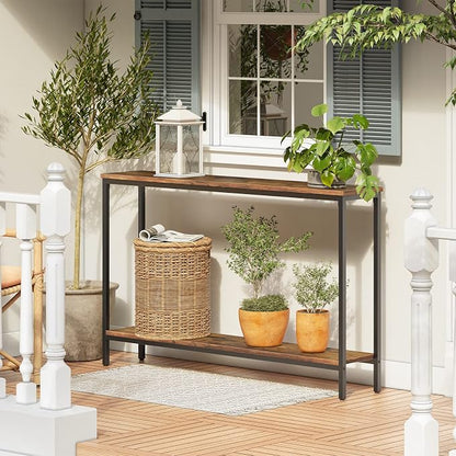 HOOBRO Console Table, 47.2" Narrow Entryway Table, Sofa Table with Shelf, Entrance Table for Living Room, Hallway, Foyer, Corridor, Office, Metal Frame, Rustic Brown and Black BF20XG01G1