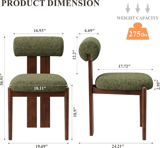 MALOL Modern Wooden Dining Chairs Set of 2, Upholstered Fabric Kitchen Chairs with Sculptural Backrest, Mid-Century Farmhouse Dining Room Chairs with Solid Wood Legs, Green