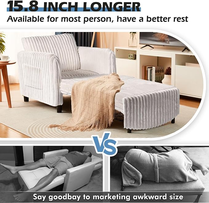 Sleeper Chair, 84" Extra Long Convertible Chair Bed, Upgraded 3-in-1 to 4-in-1 Pull Out Chair & Single Sofa Bed for Adult, Sleeping Chairs for Living Room, Small Space Faux Rabbit Fur White