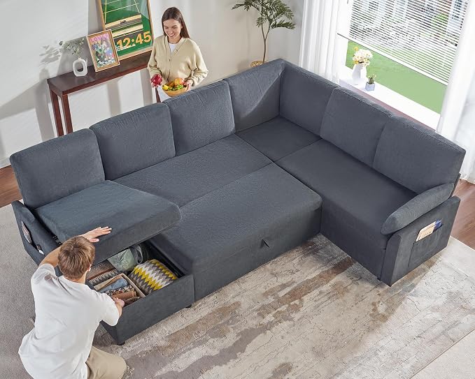 PaPaJet Sofa Bed, 112 Inch Sleeper Sofa, Oversized U Shaped Couch with Storage Chaise, Pull Out Couch for Living Room, Chenille Gray