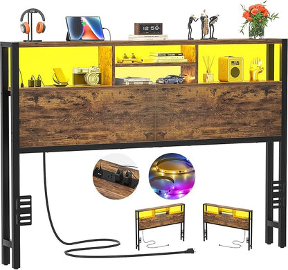 Aheaplus Headboard for Queen Size Bed with Storage, Headboards with Outlets, USB Ports and LED Light, Queen Head Board Only, Height Adjustable, Reversible, Sturdy and Stable Headboard, Rustic Brown