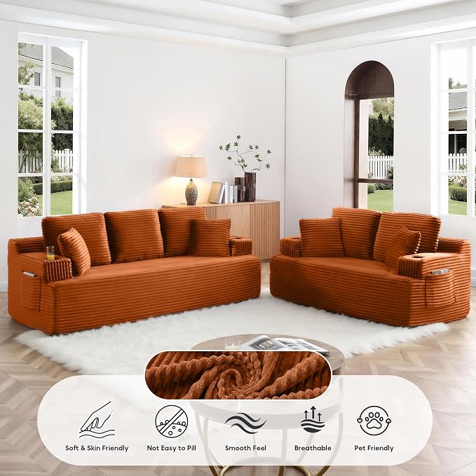 Boneless Sofa Couch Set with Cup Holders & Side Pockets, Modern Corduroy Fabric Upholstered 3-seat Couch & Loveseat Set with 4 Throw Pillows for Living Room, Office, No Assembly (Orange)