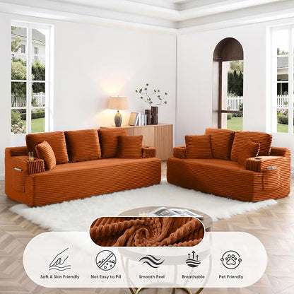 Boneless Sofa Couch Set with Cup Holders & Side Pockets, Modern Corduroy Fabric Upholstered 3-seat Couch & Loveseat Set with 4 Throw Pillows for Living Room, Office, No Assembly (Orange)