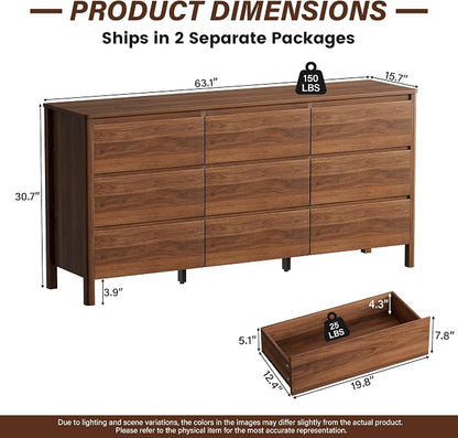 Furniway 63" Mid-Century Modern Dresser for Bedroom, 9 Drawer Wide Chest of Drawers with Wood Legs, Large Storage Bedroom Dresser, Walnut