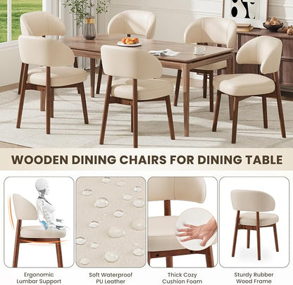 MALOL Wooden Dining Chairs Set of 2, Modern Upholstered Dining Room Chair, PU Leather Kitchen Side Chairs with Curved Open Back for Living Room/Restaurant/Cafe, Beige