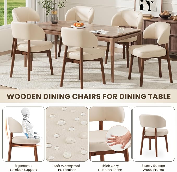 MALOL Wooden Dining Chairs Set of 6, Modern Upholstered Dining Room Chair, PU Leather Kitchen Side Chairs with Curved Open Back for Living Room/Restaurant/Cafe, Beige