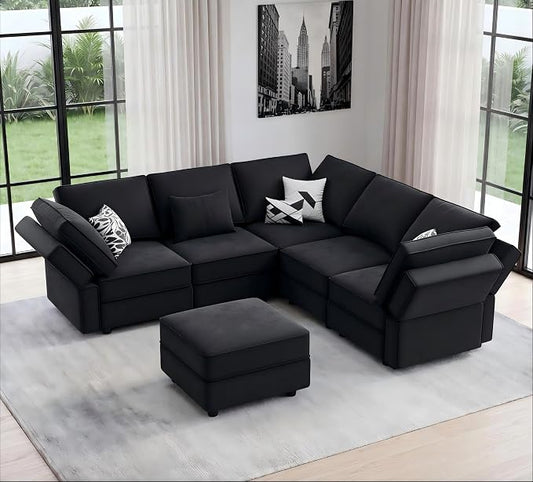 Vesgantti Sectional Couches with Storage Seats, 92" V Shaped Convertible Modular Sectional Sofa, 5 Seat & 1 Ottoman Velvet Storage Chaises Deep Seat Couch for Living Room, Bedroom, Apartment, Black