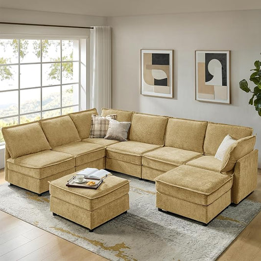 HULALA HOME Oversized Modular Sectional Sofa, 8 Seat U Shaped Couch with Storage Ottoman, Comfy Chenille Sofa with Deep Seat, Convertible Sectional Couches for Living Room, Cream