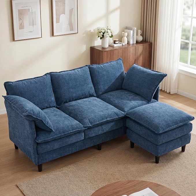 3 Seater L-Shape Couch Sofa with Ottoman, 69" Small Couch Modern Comfy Cloud Chenille Sofa 23" Deep with Washable Pillow Cover Couches for Living Room Bedroom Apartment Office 69-Blue-L