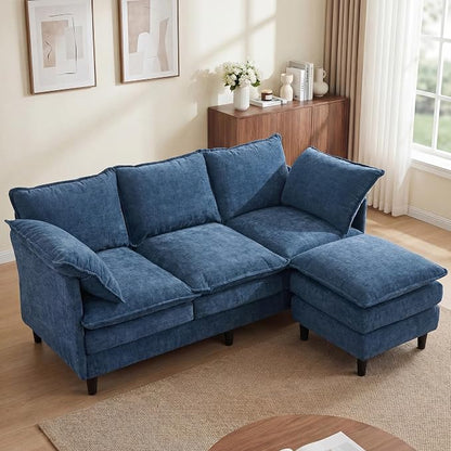 3 Seater L-Shape Couch Sofa with Ottoman, 69" Small Couch Modern Comfy Cloud Chenille Sofa 23" Deep with Washable Pillow Cover Couches for Living Room Bedroom Apartment Office 69-Blue-L