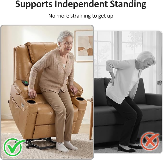 MCombo Power Lift Recliner Chair for Elderly, Lift Chair with Heat and Massage, FSC Certified, USB Ports, Cup Holders, Faux Leather 7141 (Tawny, Small)