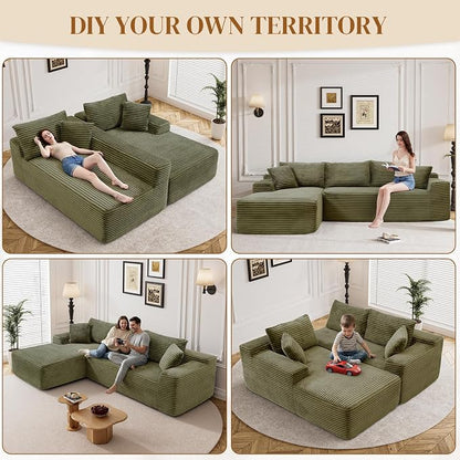 95" L Shaped Boneless Sectional Couches, Wide Armrest, Deep Seat, Memory Foam, Assembly Free, Modern Comfy Corduroy Fluffy Cloud Sofa with Left Chaise for Living Room, Small Spaces, Green