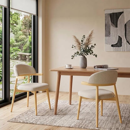 MOJAY Dining Chairs Set of 2 Natural Oak, Linen Beige with Curved Armrests
