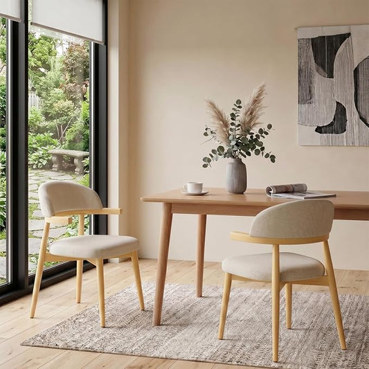 MOJAY Dining Chairs Set of 2 Natural Oak, Linen Beige with Curved Armrests