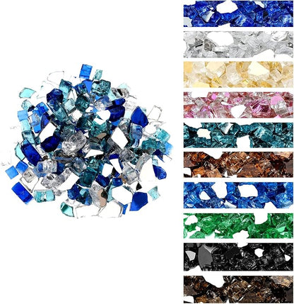 Onlyfire 10 Pounds Blended Reflective Fire Glass for Fire Pit Fireplace and Landscaping, 1/2 Inch Mixed Colored High Luster Fireglass Rocks for Outdoor and Indoor Use - Aqua Blue+Platinum+Cobalt Blue