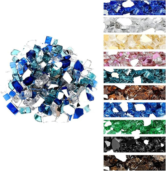 Onlyfire 10 Pounds Blended Reflective Fire Glass for Fire Pit Fireplace and Landscaping, 1/2 Inch Mixed Colored High Luster Fireglass Rocks for Outdoor and Indoor Use - Aqua Blue+Platinum+Cobalt Blue