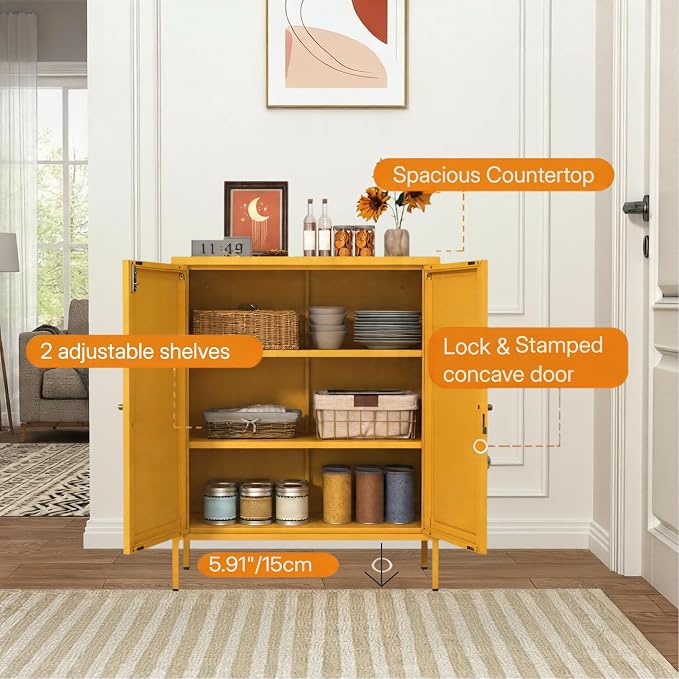 36" H Metal Storage Cabinet with Recessed Door & 2 Adjustable Shelves, Freestanding Metal Sideboard Organizer for Kitchen, Living Room, Entryway, Yellow