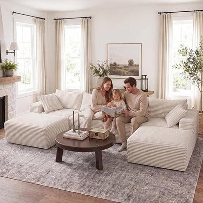 Claiks 120" Boneless Couch, Cloud Couch Sectional, U-Shape Corduroy Modular Sectional Sofa Deep Seat, Upholstered Couches for Living Room, No Assembly Required, Beige