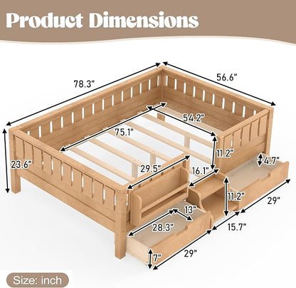 Bellemave Full Floor Bed with Stairs, Rails and Slats, Full Size Montessori Floor Bed with Bookshelf and 2 Storage Drawers, Easy Assemble Montessori Beds Frame for Girls, Boys, Deep Natural