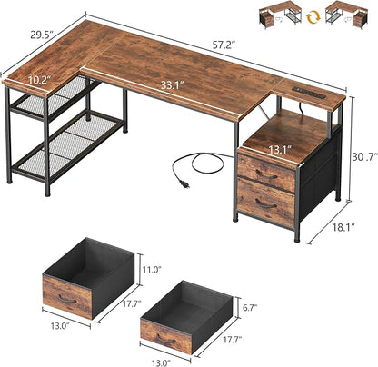 Korfile 57 Inch L Shaped Gaming Desk with Power Outlets and Type-C Port, Reversible Computer Office Desk with 2 Fabric Drawers & Mesh Shelves, Corner Desk for Study Work Writing Desk, Rustic Brown