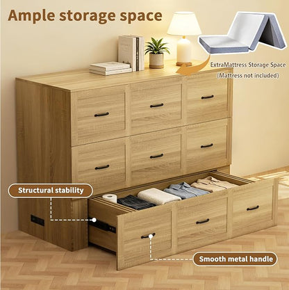 Murphy Bed Full Size with Storage and Charging Station, Farmhouse Wall Bed Cabinet Foldable Wooden Frame for Guest Room - Natural