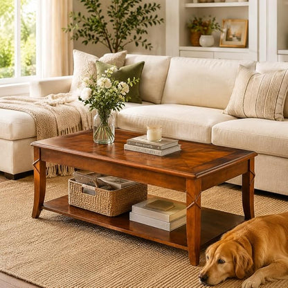 Solid Wood Coffee Table with Storage Shelf, Mid Century Modern Rectangle Coffee Table for Living Room, Large Countertop Center Table, Cherry Walnut KFZ-DR200