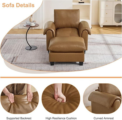 44.5" Faux Leather Single Sofa with Movable Ottoman, Oversized Accent Chair with Curved Armrests, Cloud Modern Sofa Upholstered Reading Lounge Armchair for Living Room, Bedroom，Light Brown