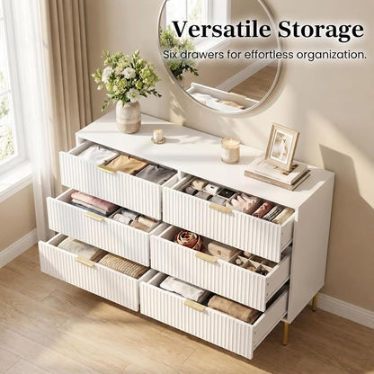 White and Gold Bedroom Furniture Set, 3 Piece Fluted Dresser and Nightstand Set with Gold Handles, 47" Dresser and Two 24" Bedside Tables
