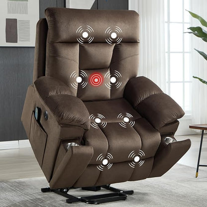 CANMOV Large Power Lift Recliner Chair with Massage and Heat for Elderly Big and Tall People, Overstuffed Wide Recliners with 2 Cup Holders, Side Pocket and USB Port, Dark Brown