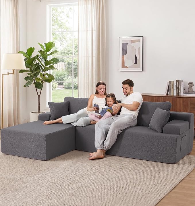Hobestluk Modular Sectional Sofa Couches L-Shape Couch 3 Seat Modular Sofa Memory Foam Sectional Couches for Living Room, Cloud Couch with Oversized Chaise (Grey Smooth, 108", Left Hand Facing)