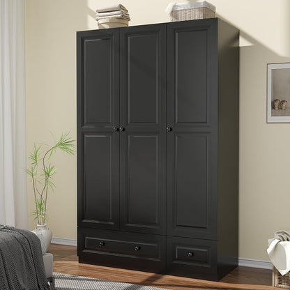 Armoire Wardrobe Closet with Drawers: 74" Bedroom Closet for Hanging Clothes, Black Wardrobes Closets with Doors, Modern Armoire Cabinet with Shelves (Black, 47")